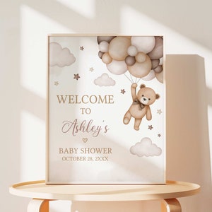 Bearbeitbares geschlechtsneutrales Bärn-Babyparty-Willkommensschild, Wir können Bärenbabyparty-Willkommensplakat warten, braune Ballonbär-Babyparty, 0508
