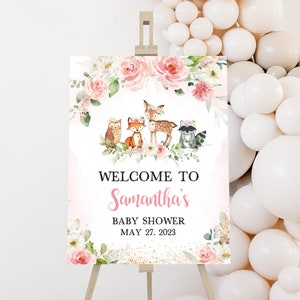 Bearbeitbares Mädchen-Waldland-Babyparty-Willkommensschild, rosa Blumenwald-Babyparty-Willkommensplakat, Mädchen-Waldtierschild-Vorlage 0319