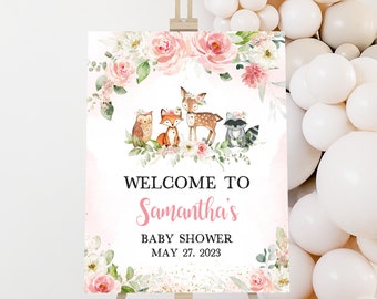 Editable Girl Woodland Baby Shower Welcome Sign, Pink Floral Woodland Baby Shower Welcome Poster, Girl Woodland Animals Sign Template 0319