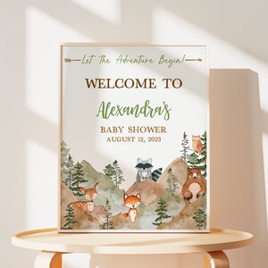 Editable Deje que comience la aventura Woodland Baby Shower Signo de bienvenida, Cartel de bienvenida del Baby Shower de Forest Mountain, Boy Adventure Woodland 0402