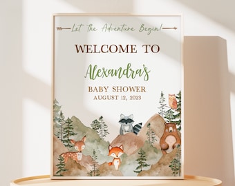 Editable Let the Adventure Begin Woodland Baby Shower Welcome Sign, Forest Mountain Baby Shower Welcome Poster, Boy Adventure Woodland 0402