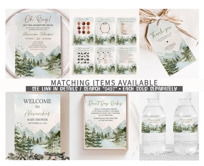 May include: A set of printable baby shower decorations with a woodland theme. The decorations include invitations, welcome signs, water bottle labels, and a "Don't Say Baby" game. The design features a watercolor illustration of mountains, trees, and a river.