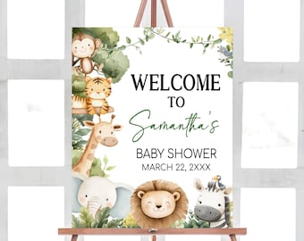Letrero de bienvenida editable para baby shower It's A Boy Safari, póster de bienvenida para baby shower en la jungla, baby shower con animales de safari de Greenery Wild One, 0996