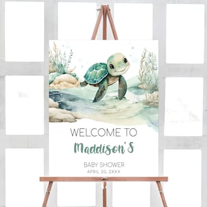 Signo de bienvenida editable del baby shower de tortugas marinas, cartel de bienvenida del baby shower bajo el mar, un pequeño letrero de baby shower de Hatchling Ocean Boy, 0712