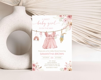 Editable A Sweet Baby Girl Baby Shower Invitation, Pink Floral Baby Clothesline Baby Shower Invite, Boho Laundry Baby Shower Invite, 01163