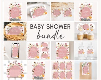 May include: A baby shower bundle featuring various stationery items with a floral and pumpkin theme. Includes signs, labels, and cupcake toppers in shades of pink, orange, and white. The words "Baby Shower Bundle" are displayed in a cursive font.