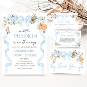 Editable Little Pumpkin Baby Shower Invitation Bundle, Blue Pumpkin Fall Baby Shower Invite, Boy Bow Floral Pumpkin Baby Shower Invite 01110