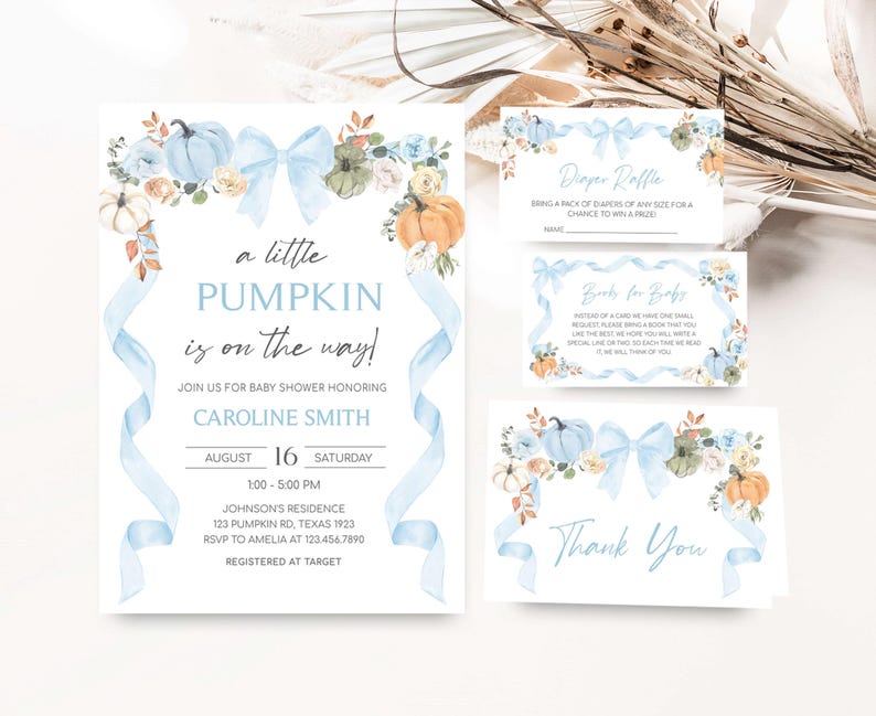 a blue and white wedding suite with pumpkins