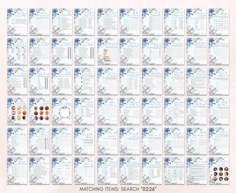 Bundle modifiable de jeux baby shower éléphant bleu, pack de jeux baby shower garçon, jeu éléphant floral bleu jeux bébé garçon modèle 0226 image 3