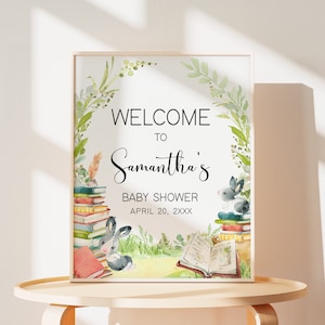 Editable Storybook Baby Shower Welcome Sign, A New Chapter Baby Shower Welcome Poster, Gender Neutral Story Book Rabbit Baby Shower, 0714