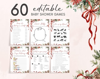 May include: A set of six printable baby shower games with a festive Christmas theme. The games include "Guess Who Mommy or Daddy?", "Draw Baby", and "Who is my Mama?" with decorative red ribbons and floral accents.
