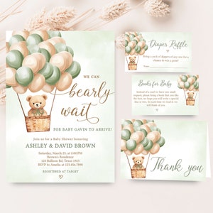 Editable Gender Neutral Bear Baby Shower, Invitation Bundle, Hot Air Balloons Baby Shower Invite Set, We Can Bearly Wait Baby Shower, 0704