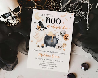 Modifiable A Little Boo is Almost Due Baby Shower Invitation, invitation de baby shower fantôme fantasmagorique, invitation de shower d'halloween non sexiste, 01149