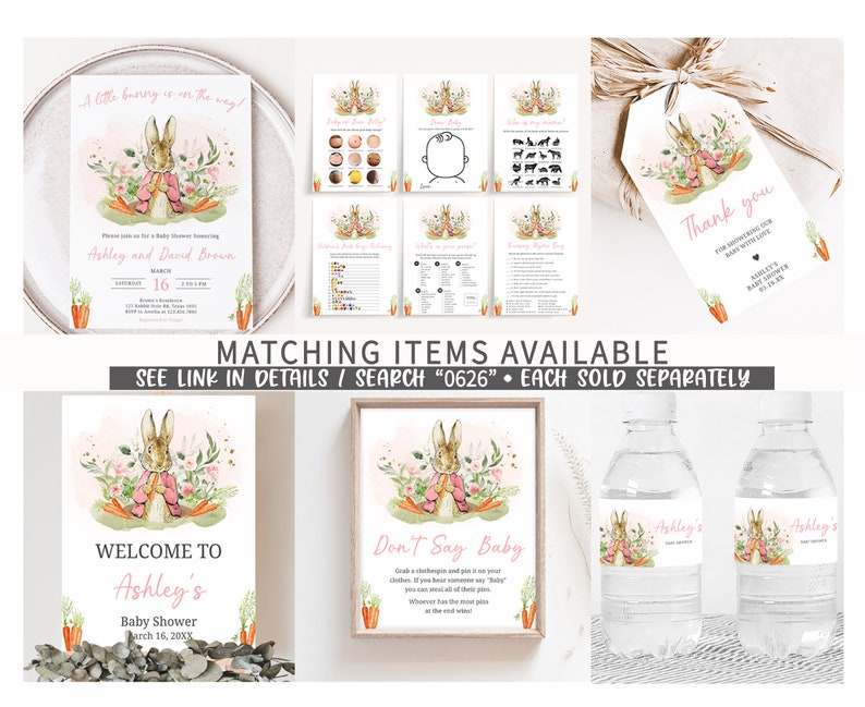 May include: A set of printable baby shower decorations featuring a watercolor illustration of a bunny in a pink dress and a floral wreath. The set includes an invitation, welcome sign, water bottle labels, a thank you tag, and two game cards. The text on the invitation reads "A little bunny is on the way!" and "Ashley and David Brown". The text on the welcome sign reads "Welcome to Ashley's Baby Shower". The text on the water bottle labels reads "Ashley's". The text on the thank you tag reads "Thank you for showering our baby with love". The text on the game cards reads "Don't Say Baby" and "Who is my animal?"