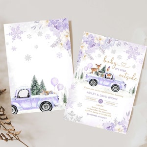Editable Purple Winter Woodland Baby Shower Invitation Bundle, Girl Woodland Winter Baby Shower Invite Set, Girl Baby It's Cold Outside 0534 image 2