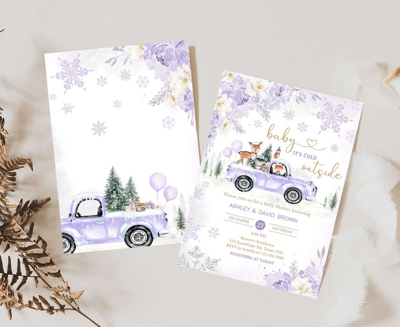 Editable Purple Winter Woodland Baby Shower Invitation Bundle, Girl Woodland Winter Baby Shower Invite Set, Girl Baby It's Cold Outside 0534 image 2
