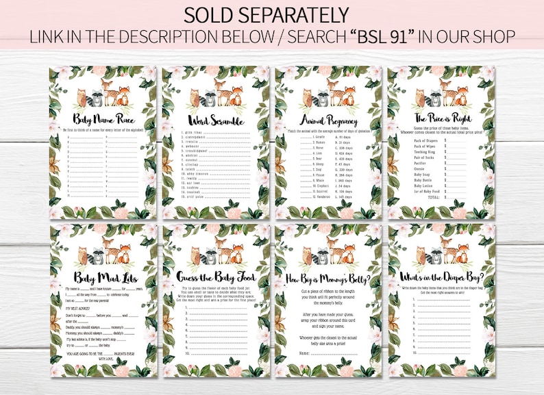 Girl Woodland Games Animal Baby Shower Pink Floral Woodland Games Bundle Pink Floral Instant Download BSL 91 Greenery Woodland Games