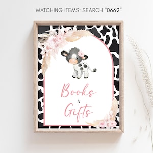 Placa de livros e presentes para chá de bebê de vaca rosa, placa de presentes para chá de bebê de vaca sagrada para meninas, placas de mesa de chá de bebê Boho Floral Highland Cow Farm, 0662