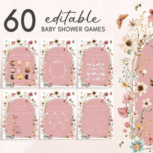 Bearbeitbares Baby in Bloom Babypartyspiele Bundle, Wildblumen-Babyparty-Spielpaket, Muted Pink Boho Frühlingsblumen-Babypartyspiele, 0650 Bild 1