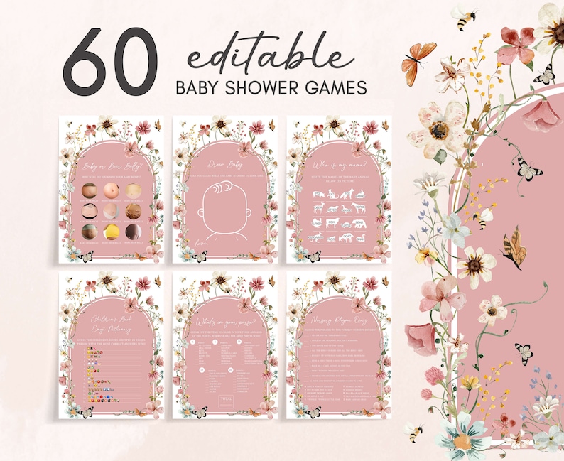 Bearbeitbares Baby in Bloom Babypartyspiele Bundle, Wildblumen-Babyparty-Spielpaket, Muted Pink Boho Frühlingsblumen-Babypartyspiele, 0650 Bild 1