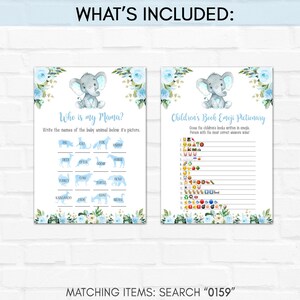 May include: Two printable baby shower game cards with a blue and white floral design. The first card is a "Who is my Mama?" game with a silhouette of a baby elephant. The second card is a "Children's Book Emoji Pictionary" game with a baby elephant emoji.