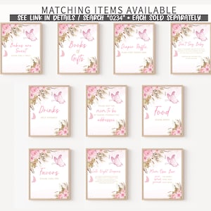 May include: Set of ten printable signs with a watercolor floral and butterfly design. The signs include titles such as "Babies are Sweet", "Books & Gifts", "Diaper Raffle", "Don't Say Baby", "Drinks", "Mom to be Addressee", "Food", "Favors", "Late Night Diapers", and "Mom Osa Bar".