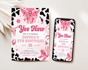 Editable Pink Cowgirl Birthday Invitation, Yee Haw Space Cowgirl Party Invite, Girl Rodeo Birthday Party, Disco Dance Party Invitation, 62BD