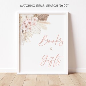 Roze boho babyshower boeken en cadeaus bord, meisje pampagras cadeaus babyshower cadeaus, rustieke boho bloemen babyshower tafel decor borden, 0600