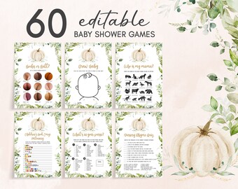 Bearbeitbares Greenery Pumpkin Babyparty-Spielepaket, Herbst-Babyparty-Spielpaket, geschlechtsneutrale Herbst-Babyparty-Aktivitätsvorlage 0408
