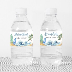 a bottle of water with a surfboard label on it