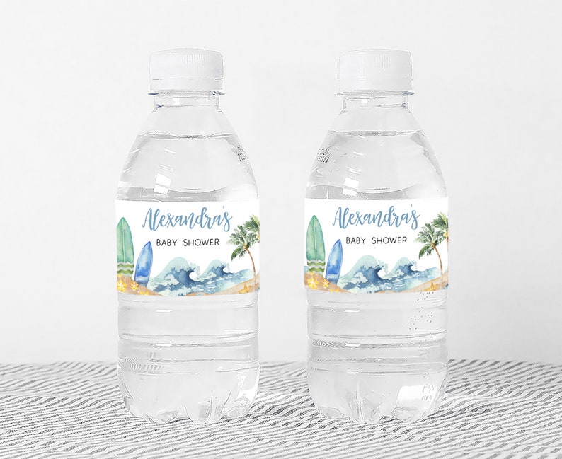 a bottle of water with a surfboard label on it