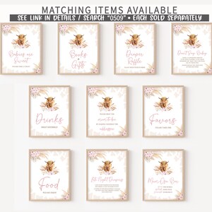 May include: Nine printable signs for a baby shower with a highland cow theme. The signs are decorated with watercolour illustrations of highland cows, pink flowers, and pampas grass. The signs include the text "Babies are Sweet", "Books & Gifts", "Diaper Raffle", "Don't Say Baby", "Drinks", "Please help the mom-to-be by mailing or dropping off gifts to the address", "Favors", "Food", "Late Night Diapers", and "Mom-osa Bar".
