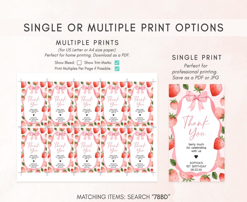 a pink strawberry themed printable for a wedding or bridal party