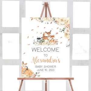 Editable Fall Woodland Baby Shower Welcome Sign, Fall Pumpkin Baby Shower Welcome Poster, Gender Neutral Autumn Woodland Animals Sign 0348