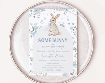 Editable Some Bunny Baby Shower Invitation, Blue Floral Bunny Baby Shower Invite, Boy Spring Easter Rabbit Baby Shower Invite Template 01026