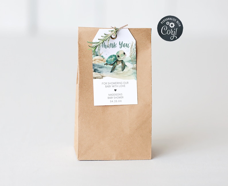 Editable Sea Turtle Baby Shower Favor Tag, Under The Sea Baby Shower Gift Tags, A Little Hatchling Ocean Baby Shower Thank You Tags, 0712 image 1