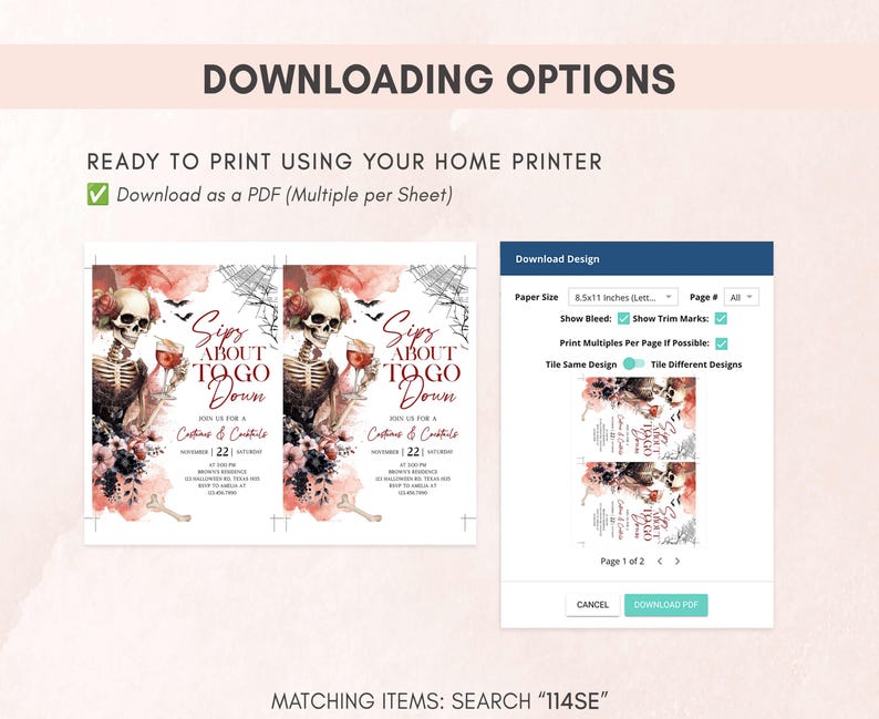 The image is a screenshot of a website or application that offers multiple print options for users to print their designs. It includes a list of print sizes and a page number, as well as a page number and a page number. The text indicates that the user can print as a PDF with multiple sheets, and that the design can be printed using a home printer. The image also includes a button for the user to "Cancel" the print.