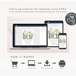 Pode incluir: Uma maquete digital de um laptop, tablet e smartphone exibindo um modelo de convite para ch&aacute; de beb&ecirc; com tema de animais da selva. O convite apresenta uma ilustra&ccedil;&atilde;o em aquarela de uma girafa, um elefante e um le&atilde;o com o texto "Oh Boy!" e um esquema de cores verde e marrom. O texto "Personalizar com Corjl" &eacute; exibido em um c&iacute;rculo com um &iacute;cone de engrenagem.