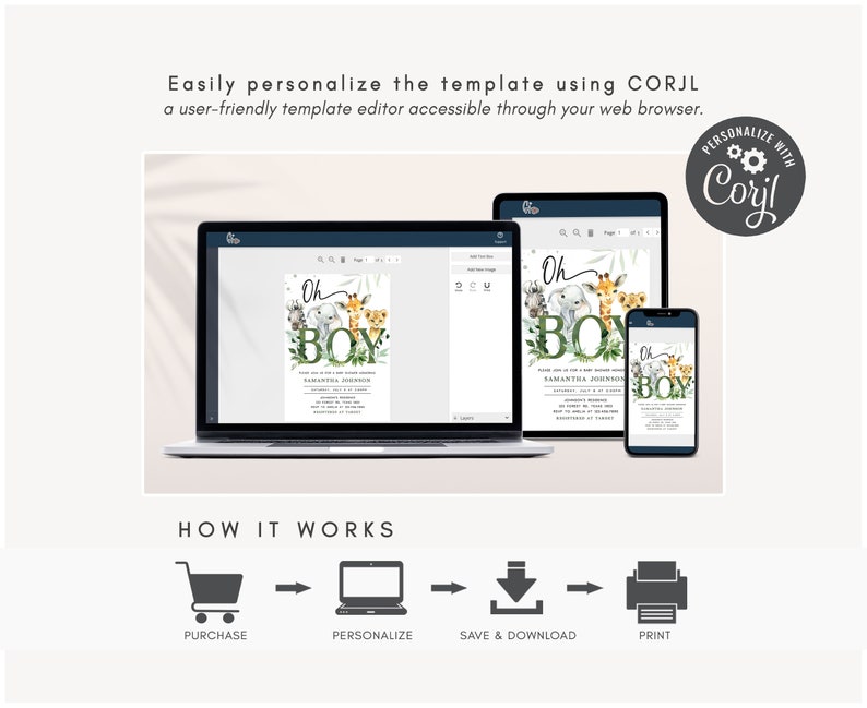Pode incluir: Uma maquete digital de um laptop, tablet e smartphone exibindo um modelo de convite para ch&aacute; de beb&ecirc; com tema de animais da selva. O convite apresenta uma ilustra&ccedil;&atilde;o em aquarela de uma girafa, um elefante e um le&atilde;o com o texto "Oh Boy!" e um esquema de cores verde e marrom. O texto "Personalizar com Corjl" &eacute; exibido em um c&iacute;rculo com um &iacute;cone de engrenagem.