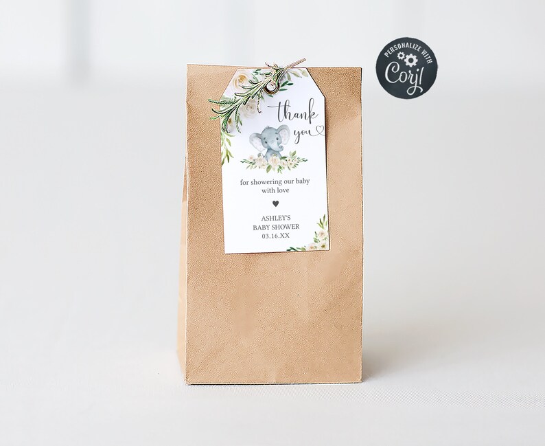 Editable Gender Neutral Elephant Baby Shower Favor Tags, Floral Elephant Baby Shower Gift Tag, Elephant Greenery Shower Thank You Tags, 0620 image 1