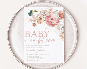 Editable Baby in Bloom Baby Shower Invitation, Spring Floral Baby Shower Invite, Wildflower Spring Baby Shower Invitation Template, 0614