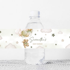 Edytowalna etykieta na butelkę Baby Shower z motywem Misia, Etykieta na wodę na Baby Shower We Can Bearly Wait, Zielone naklejki na butelki z motywem Misia, 0604 zdjęcie 1