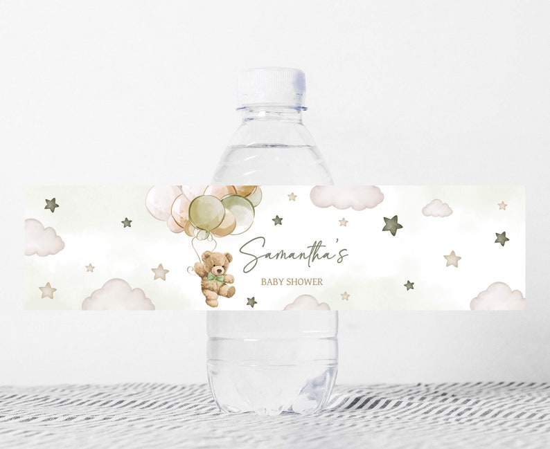 Edytowalna etykieta na butelkę Baby Shower z motywem Misia, Etykieta na wodę na Baby Shower We Can Bearly Wait, Zielone naklejki na butelki z motywem Misia, 0604 zdjęcie 1