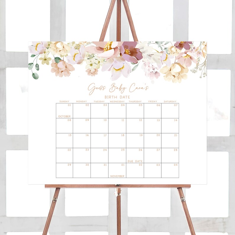 Editable Baby in Bloom Baby Shower Due Date Calendar, Spring Baby Shower Calendar, Wildflower Baby Shower Birthday Predictions Game, 0612 image 1
