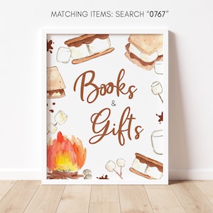 Placa de livros e presentes para chá de bebê Smore, Placa de presentes para chá de bebê de acampamento com fogueira, Placa de decoração para chá de bebê S'mores com gênero neutro na fogueira, 0767