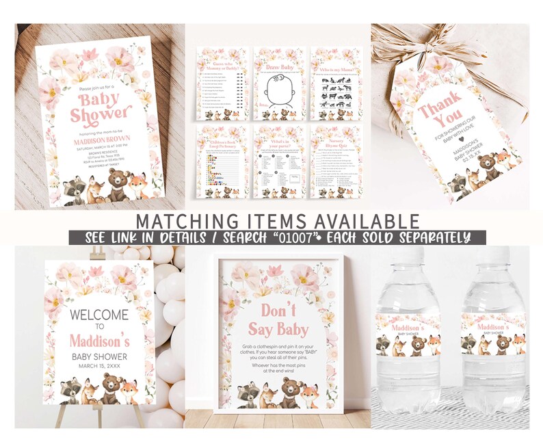 a set of baby shower items with a teddy bear theme
