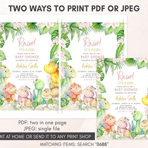 Editable Baby Girl Dinosaur Baby Shower Invitation, Floral Dino Baby Shower Invite, Greenery Dinosaur Girl Baby Shower Invitation, 0688 image 3