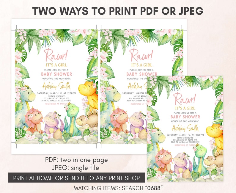 Editable Baby Girl Dinosaur Baby Shower Invitation, Floral Dino Baby Shower Invite, Greenery Dinosaur Girl Baby Shower Invitation, 0688 image 3