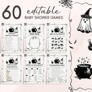 Op de afbeelding: Een verzameling van zes afdrukbare babyshower spellen met een Halloween thema. De spellen omvatten "Raad wie Mama of Papa is?", "Teken Baby" en "Wie is mijn Mama?". Het ontwerp toont een ketel, een spook en een heksenhoed.
