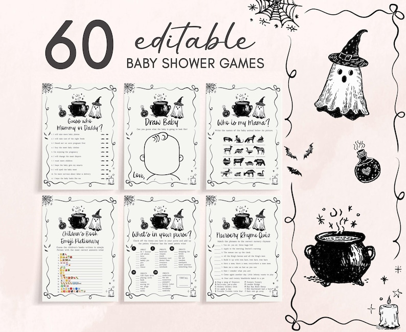 a collection of 60 editable baby shower games, including a ghost, a witch, and various Halloween-themed elements. The games appear to be designed for children and their families to enjoy during a baby shower celebration.